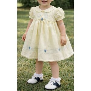 Vintage baby girl dress Cream Color with Blueberries appliqué (6-9 Mon)